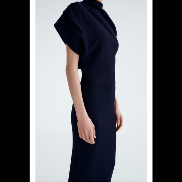 ZARA Asymmetric Sleeve Knit Dress Navy Blue - Picture 3 of 7